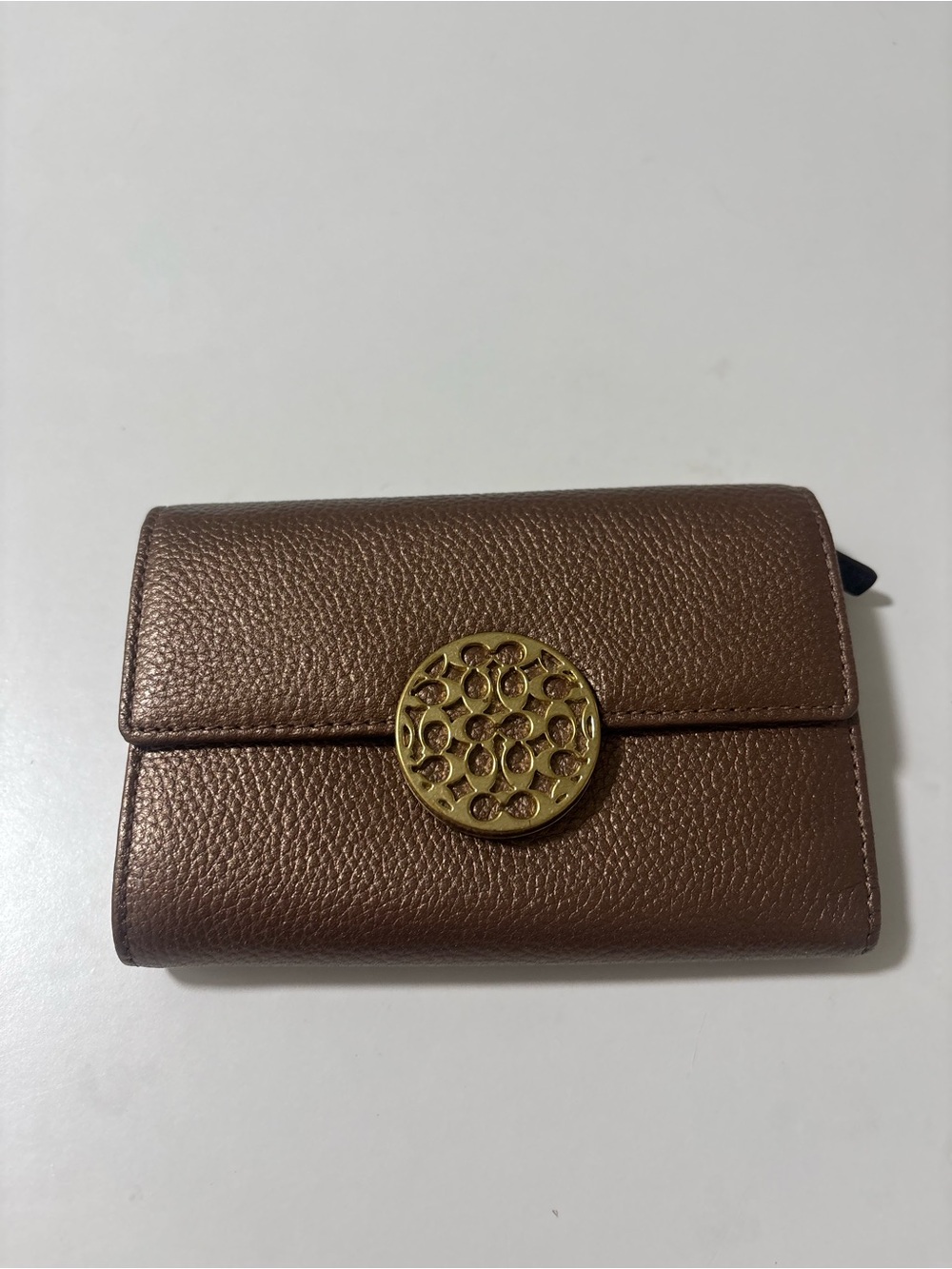 Coach Metallic Bronze Pebbled Leather Wallet with Gold Medallion